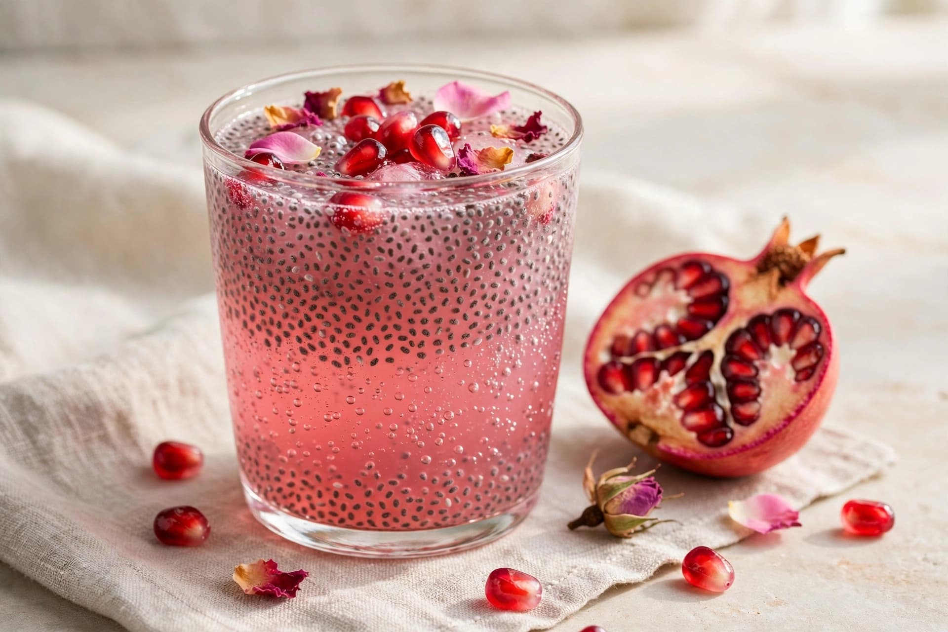 Sparkling Pomegranate and Rose Mocktail with Chia