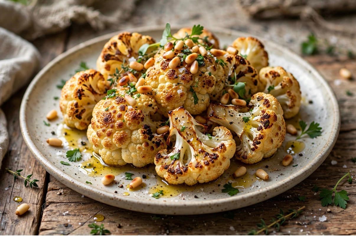 Roasted Cauliflower with drizzled pine nuts