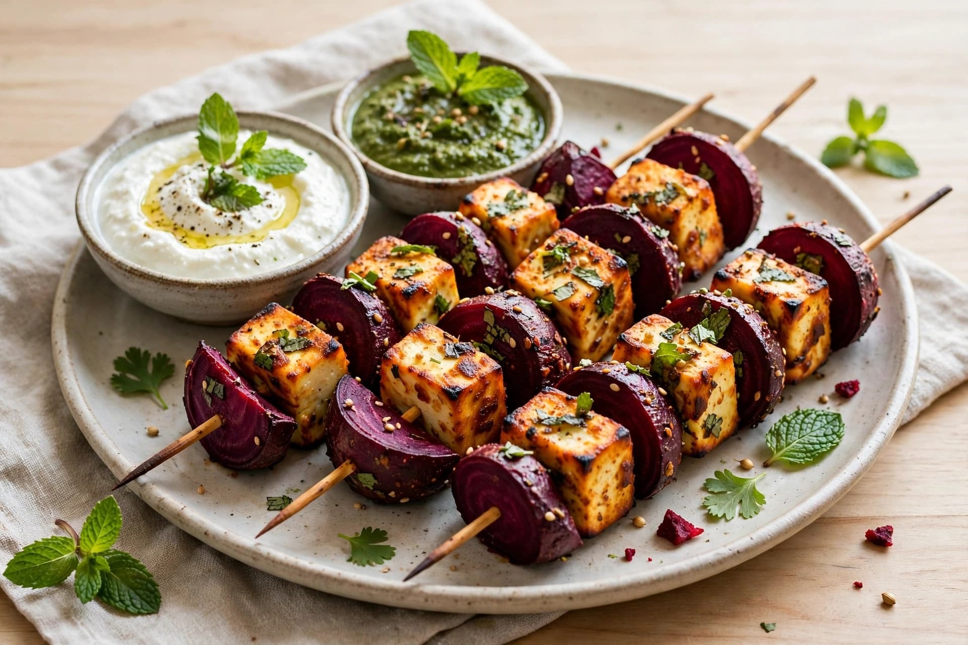 Baked Beetroot and Paneer Tikki with Mint – Hung Curd Dip