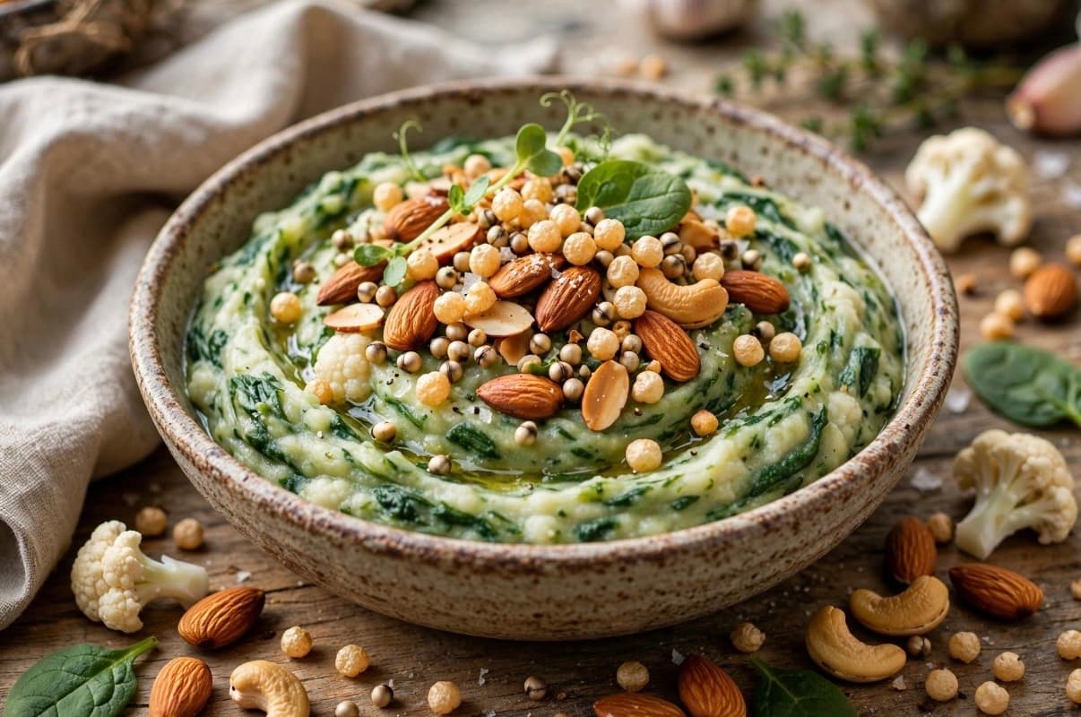 Cauliflower - Spinach mash topped with nuts and amaranth seeds