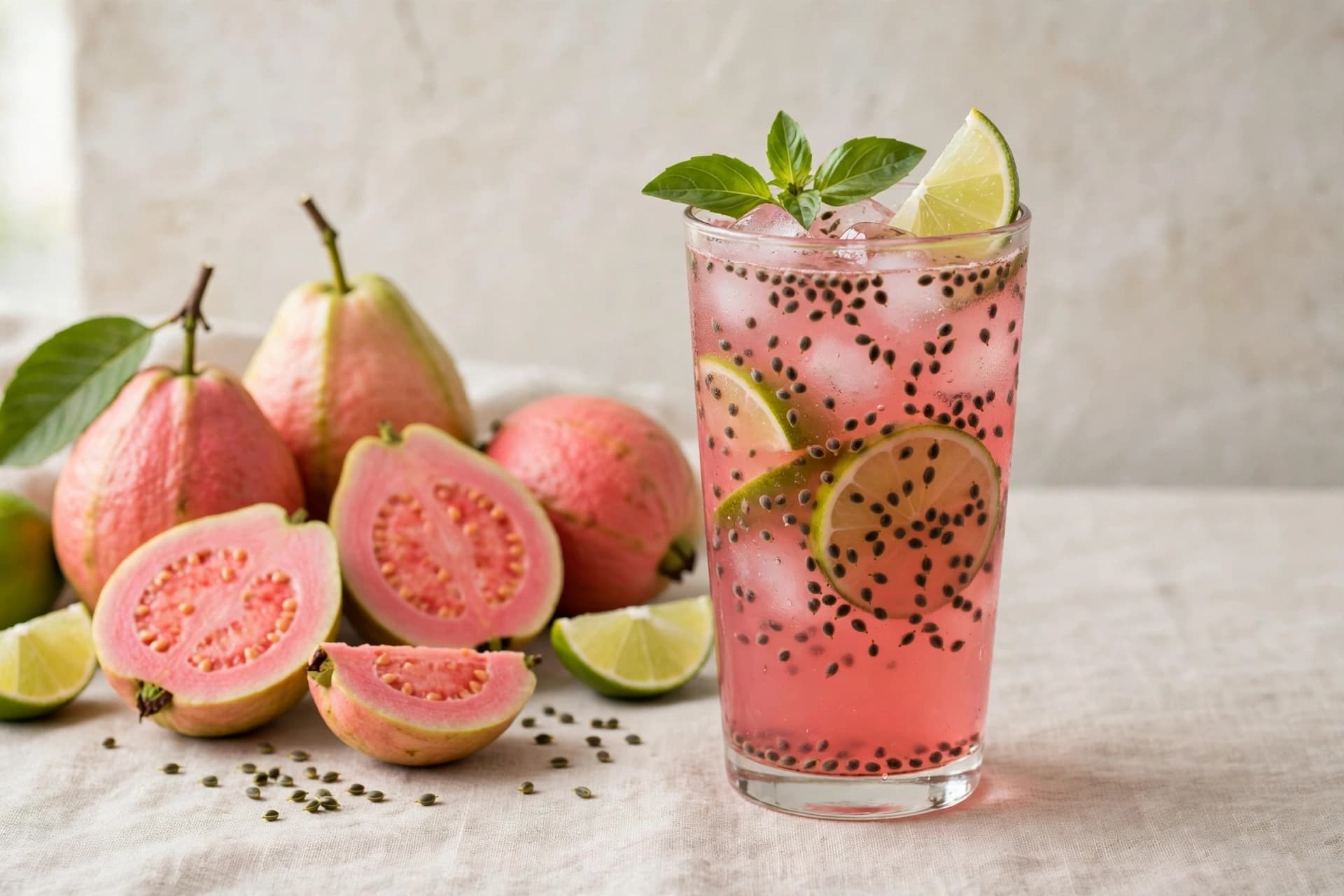 Pink Guava and Basil Seed Spritzer with Lime