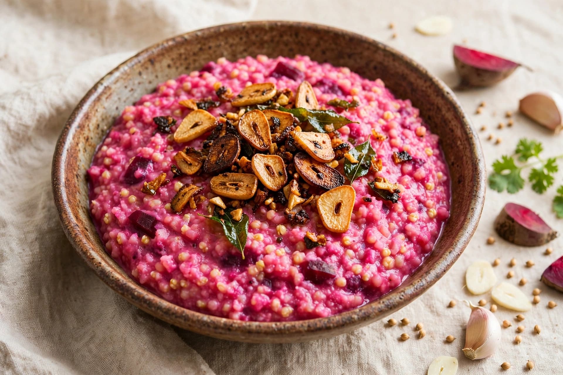 Jowar beetroot khichdi with burnt garlic tadka