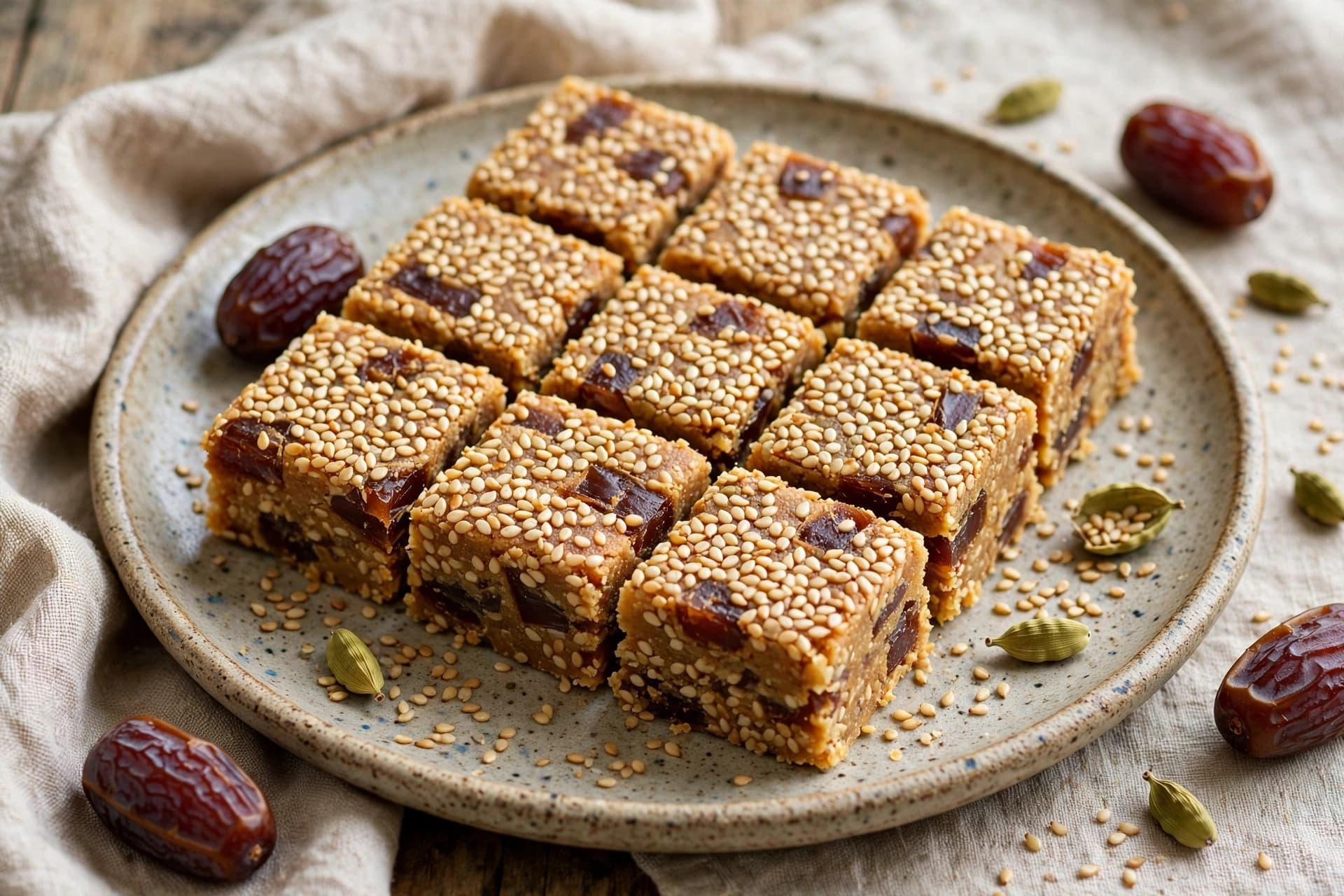 Toasty Burfi Using Roasted Sesame Seeds & Jaggery Free Dates (With Cardamom)