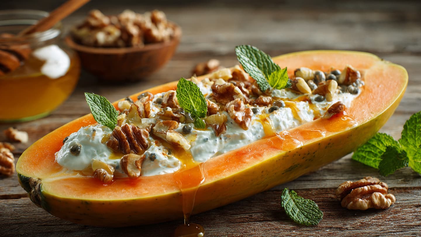 Papaya yogurt and walnut boat