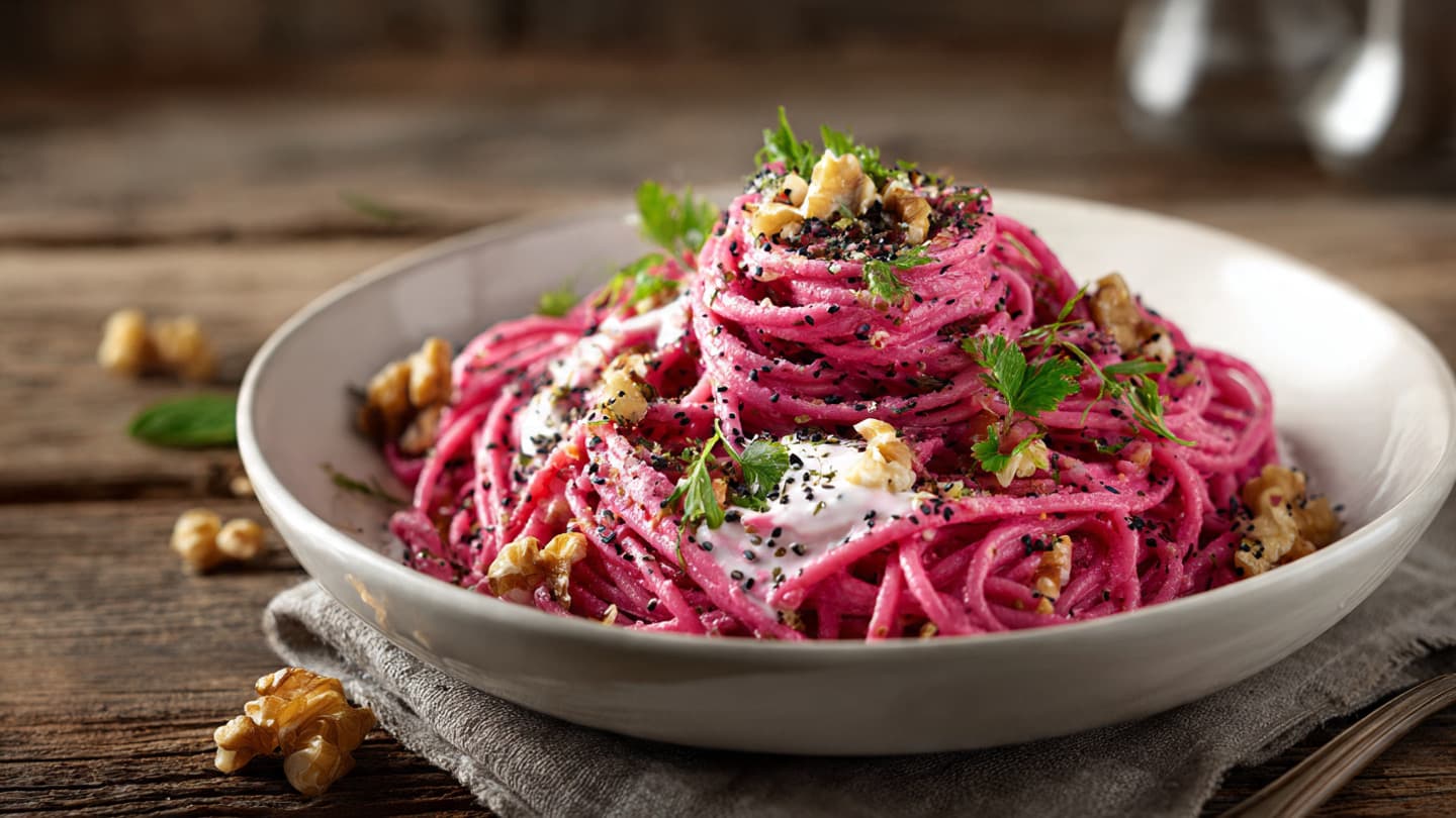 Rice Pasta with homemade beetroot and yogurt sauce