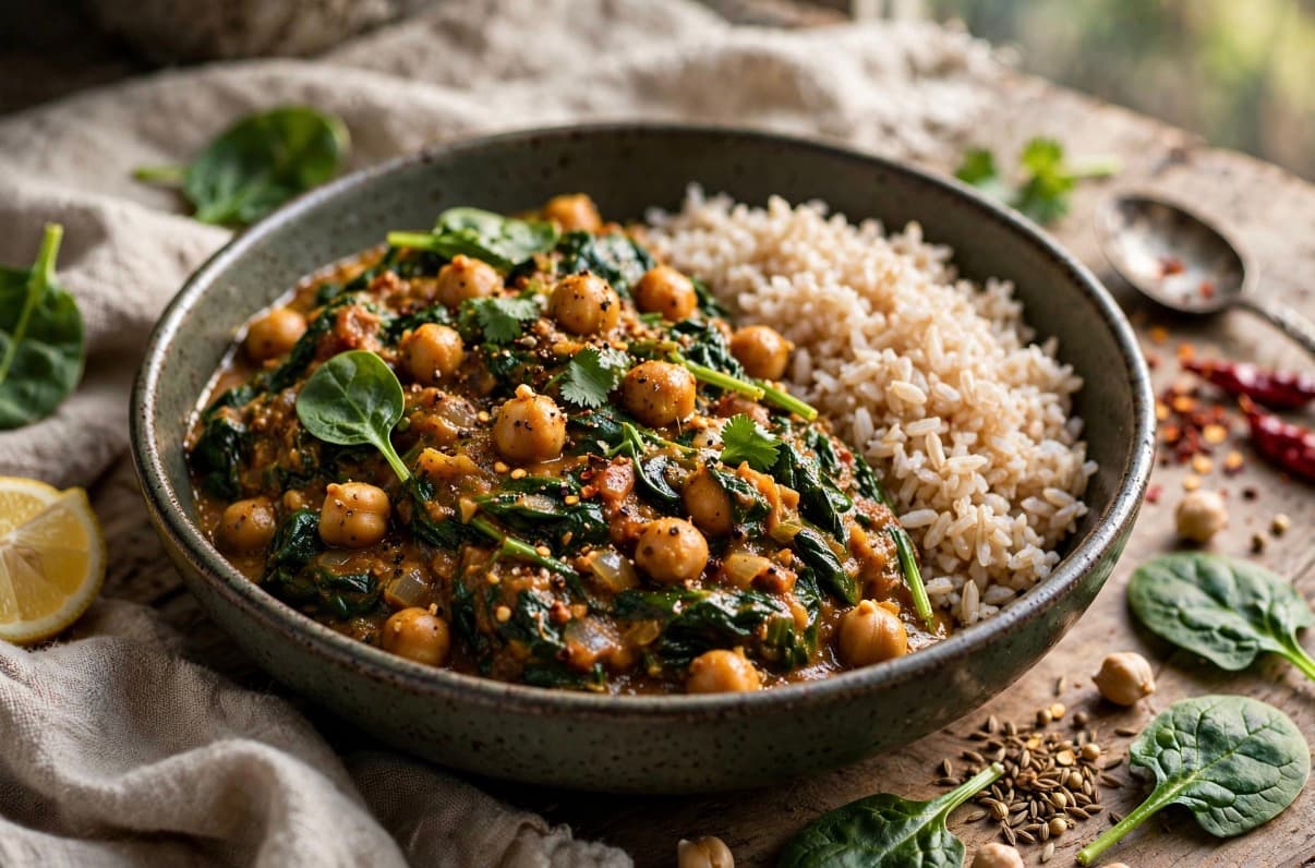 Spinach and Chickpea Curry with Brown Rice